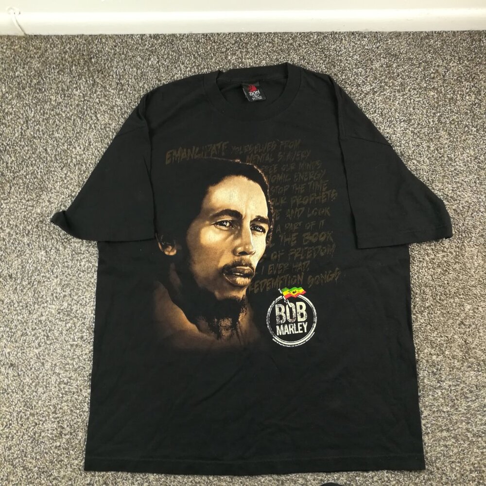 Bob Marley T-Shirt 2007 Redemption Song Lyrics Zion Rootswear Mens XL